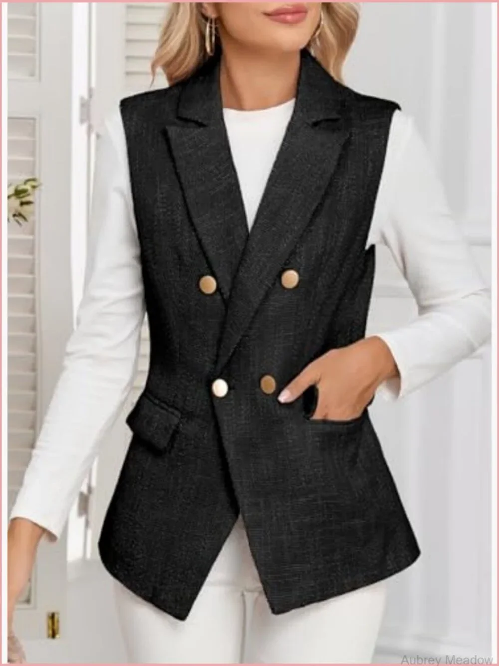 Sleeveless Tweed Blazer Vest Double Breasted Work Suit Jacket with Pockets